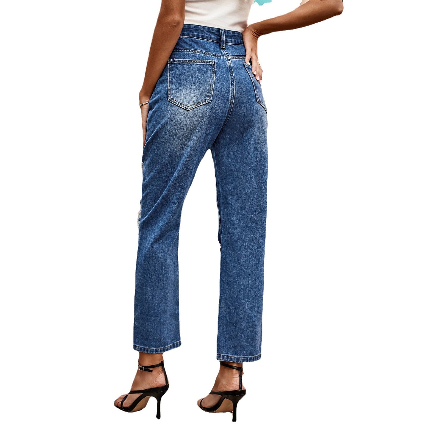 Ripped Straight Denim Ankle-length Pants
