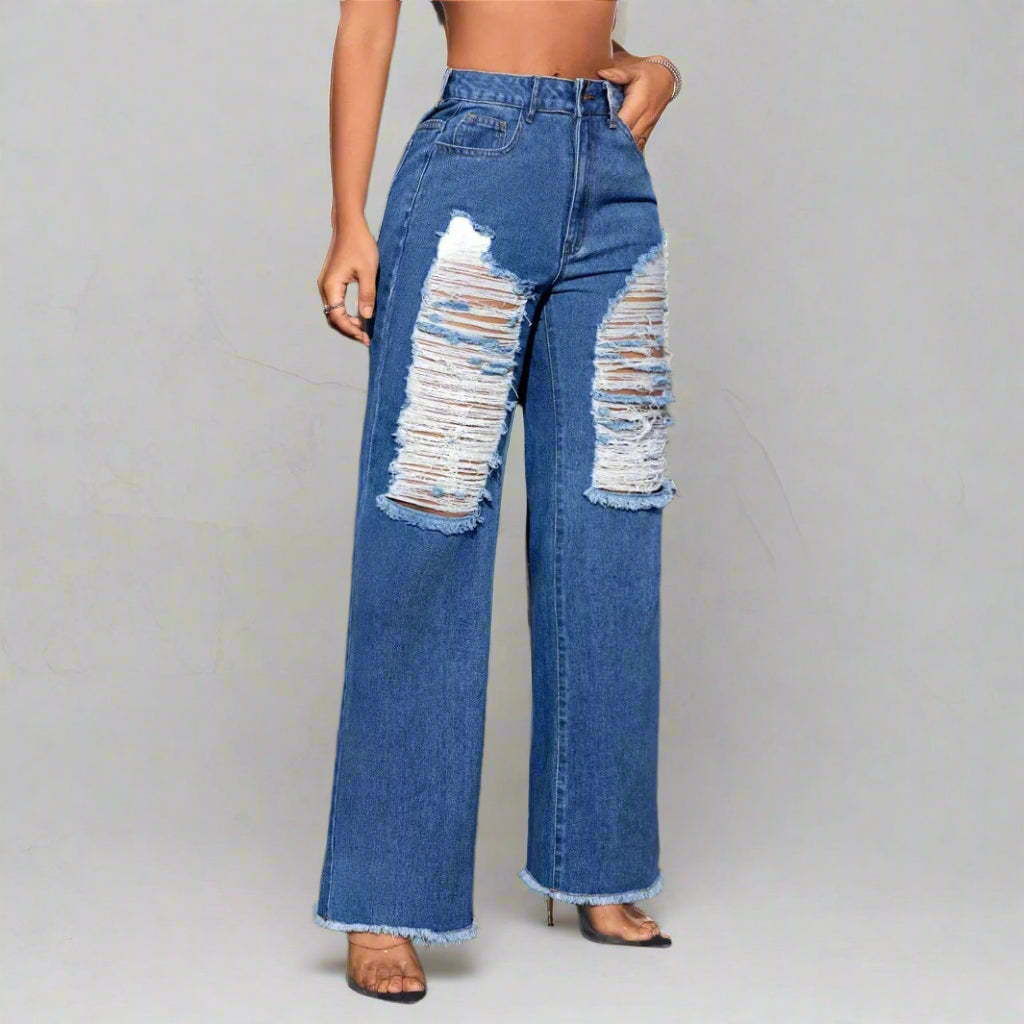 Leisure Ripped Wide Leg Denim Trousers