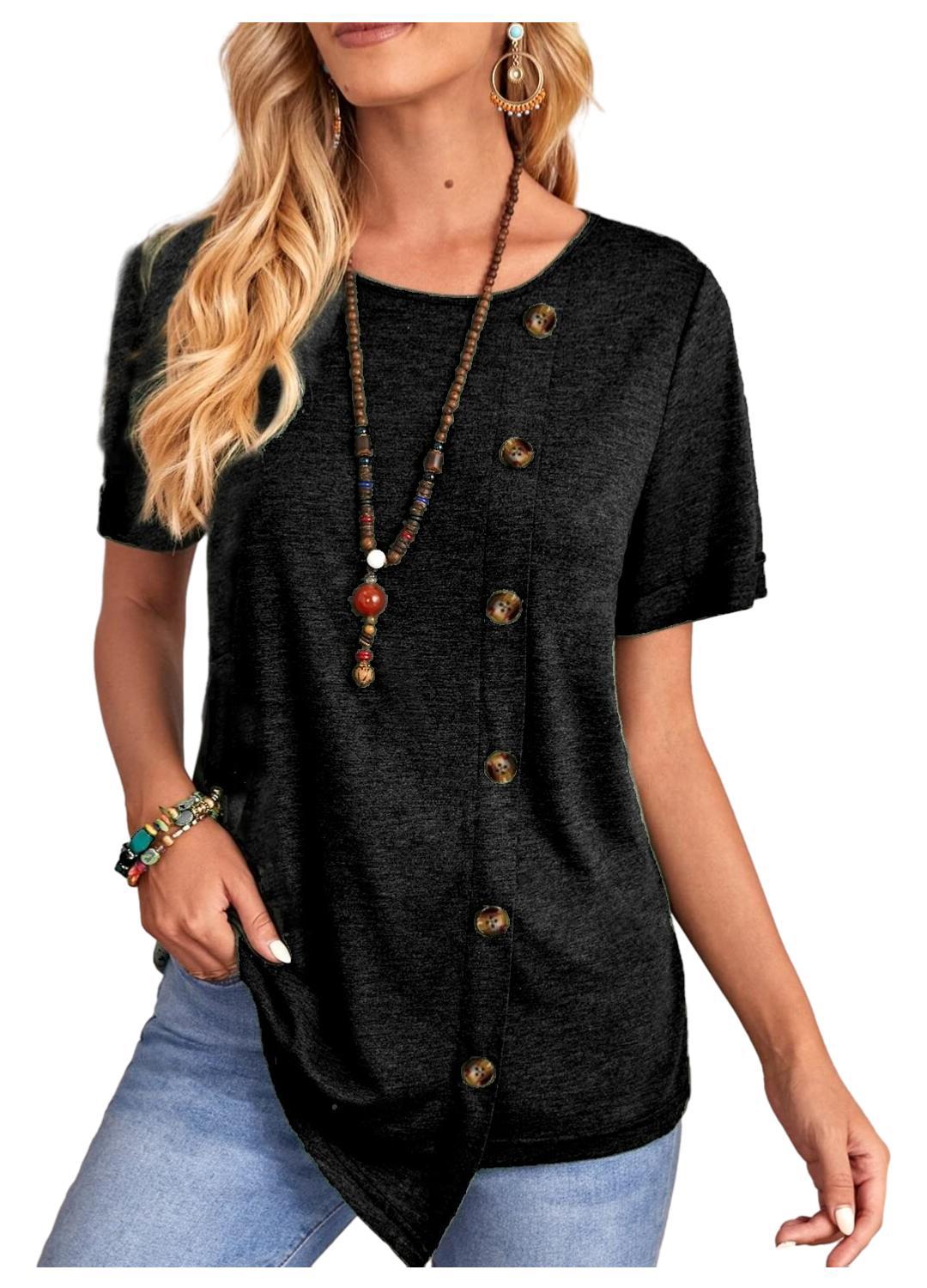Round Neck Button Irregular Hem Short Sleeve T-shirt