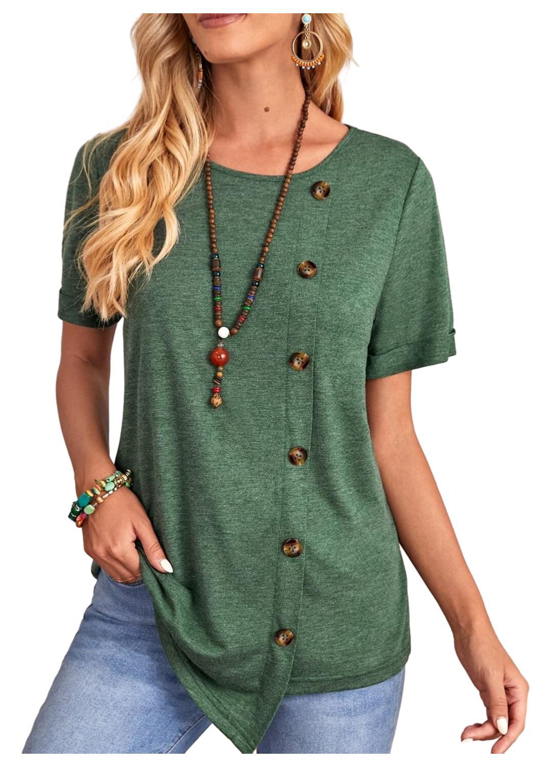 Round Neck Button Irregular Hem Short Sleeve T-shirt