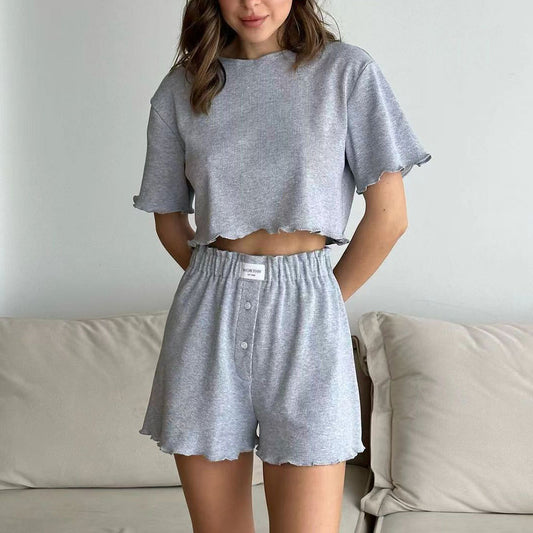 Ruffled Summer Elastic-band Shorts and Round Neck Cropped Top Fashion