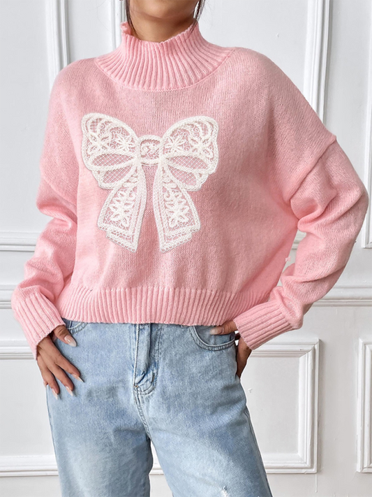 Bow Embroidered Appliqued Turtleneck Pullover